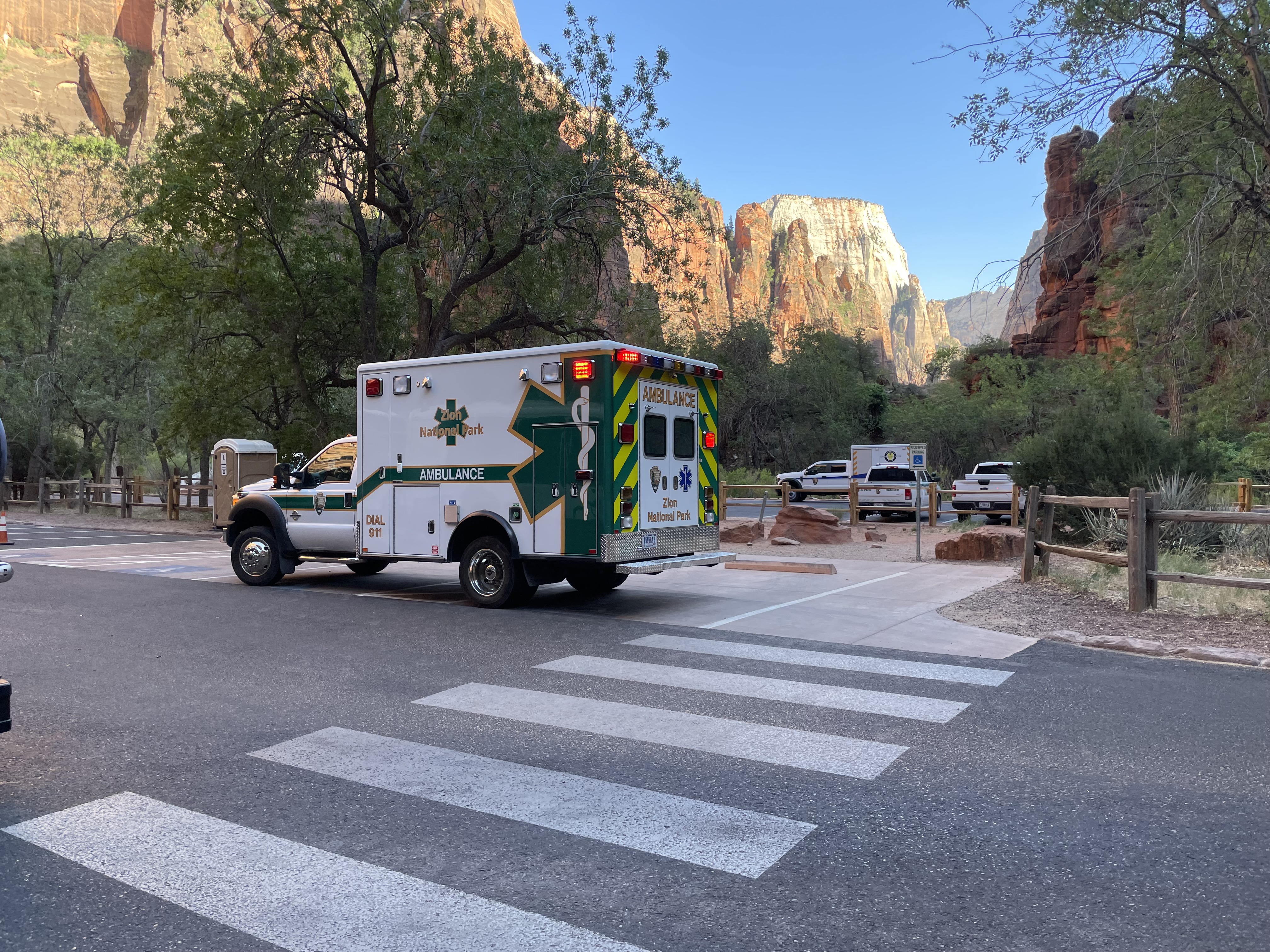An ambulance arrives at Zion National Park on June 6. A hiker from Wisconsin died of heat exhaustion at the park on Monday, officials said.