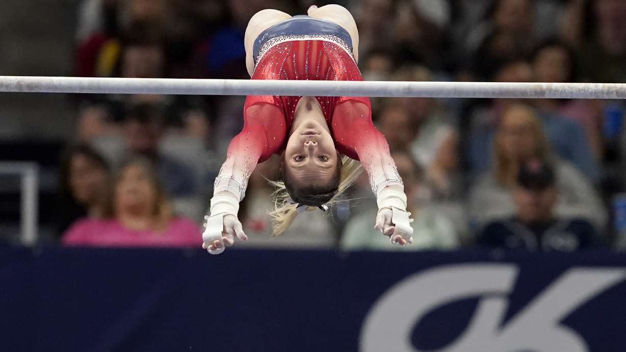 Jade Carey competes on the uneven bars during the U.S. Gymnastics Championships, Sunday, June 6, 2021, in Fort Worth, Texas. (AP Photo/Tony Gutierrez)