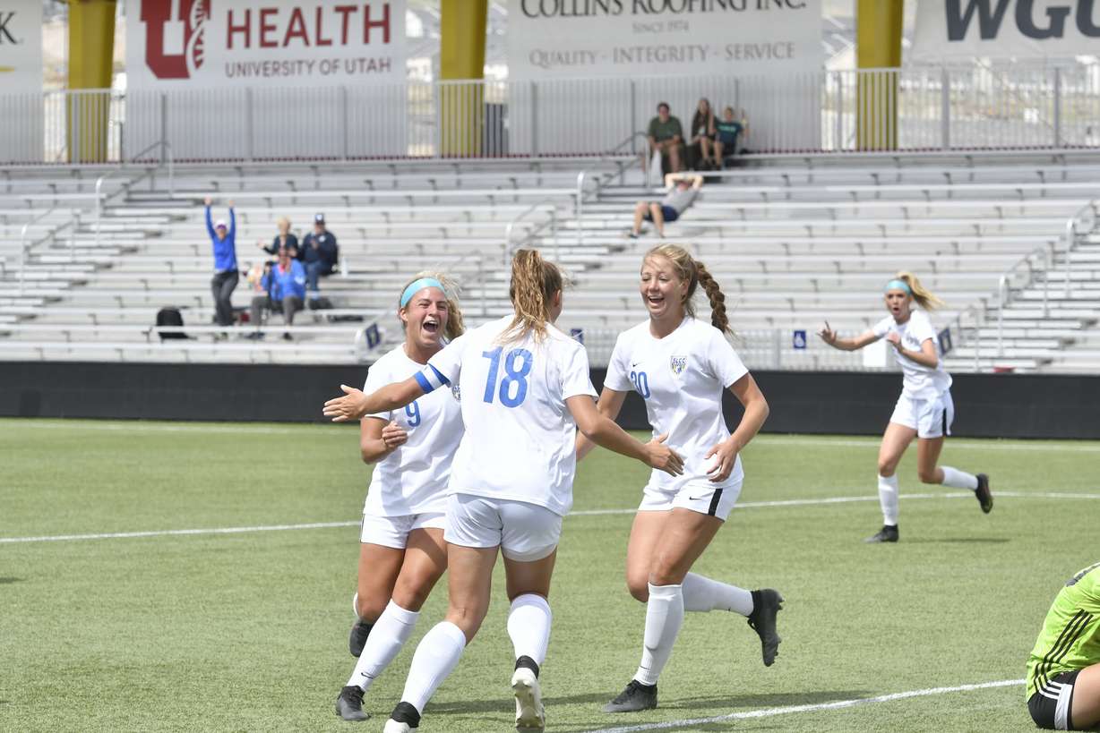 Salt Lake's Kaytlyn Larsen celebrates a goal as SLCC women's soccer celebrates the West division championship with a 4-0 win over Cochise College to advance to the NJCAA women's soccer national tournament. The No. 2-ranked Bruins will face No. 3 East Florida State in an NJCAA semifinal Monday in Evans, Georgia.