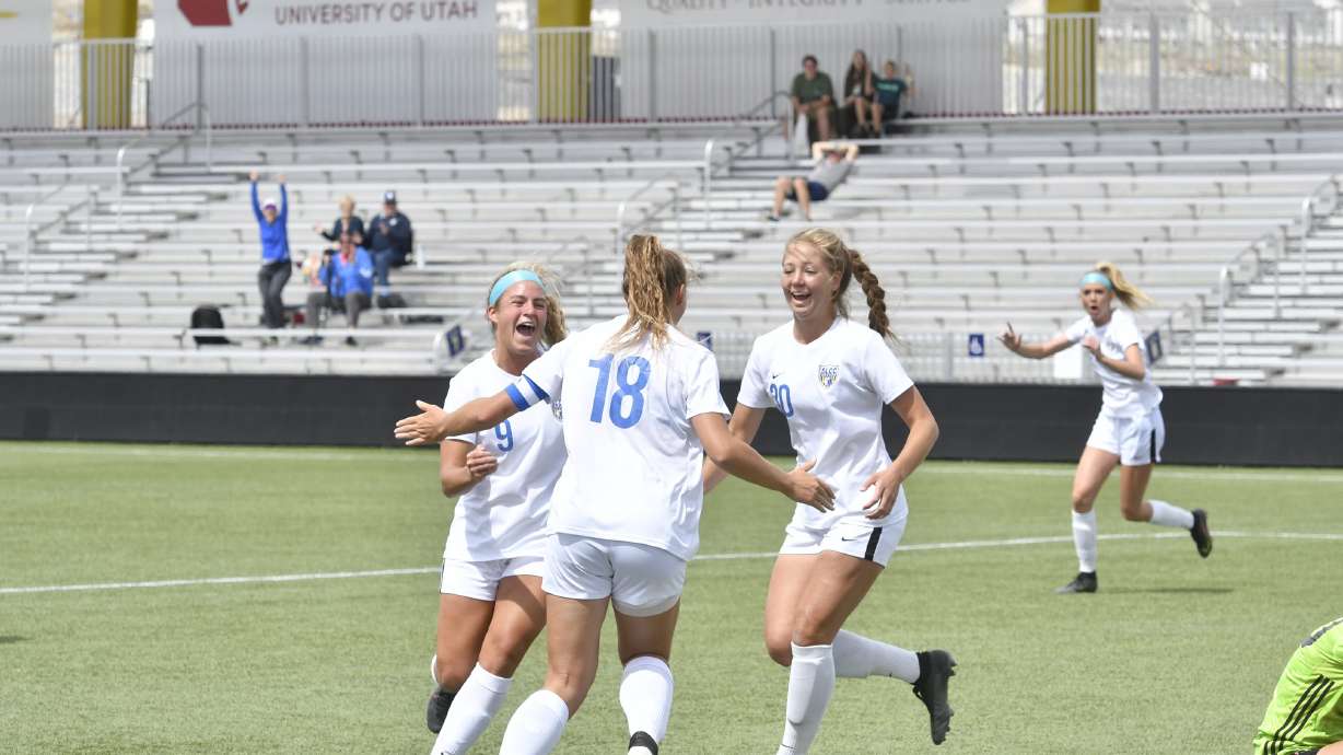 Salt Lake's Kaytlyn Larsen celebrates a goal as SLCC women's soccer celebrates the West division championship with a 1-0 win over Cochise College to advance to the NJCAA women's soccer national tournament. Late Monday night, the Bruins got a goal from Hannah Lee to advance to their first-ever national championship match.