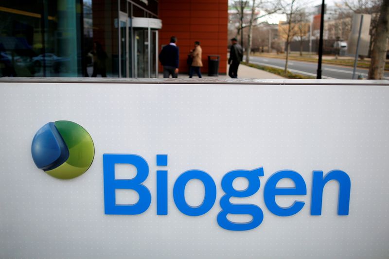 FILE PHOTO: A sign marks a Biogen facility in Cambridge, Massachusetts, U.S. Jan. 26, 2017. On Monday, June 7, 2021, the FDA gave approval to Biogen as the first treatment to attack a likely cause of Alzheimer's disease.  REUTERS/Brian Snyder/File Photo