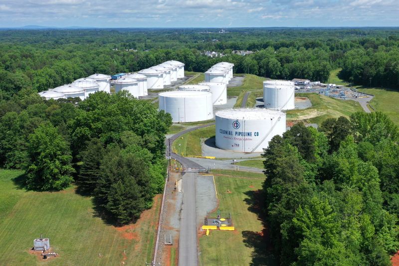 Holding tanks are seen in an aerial photograph at Colonial Pipeline's Charlotte Tank Farm in Charlotte, North Carolina, May 10, 2021.