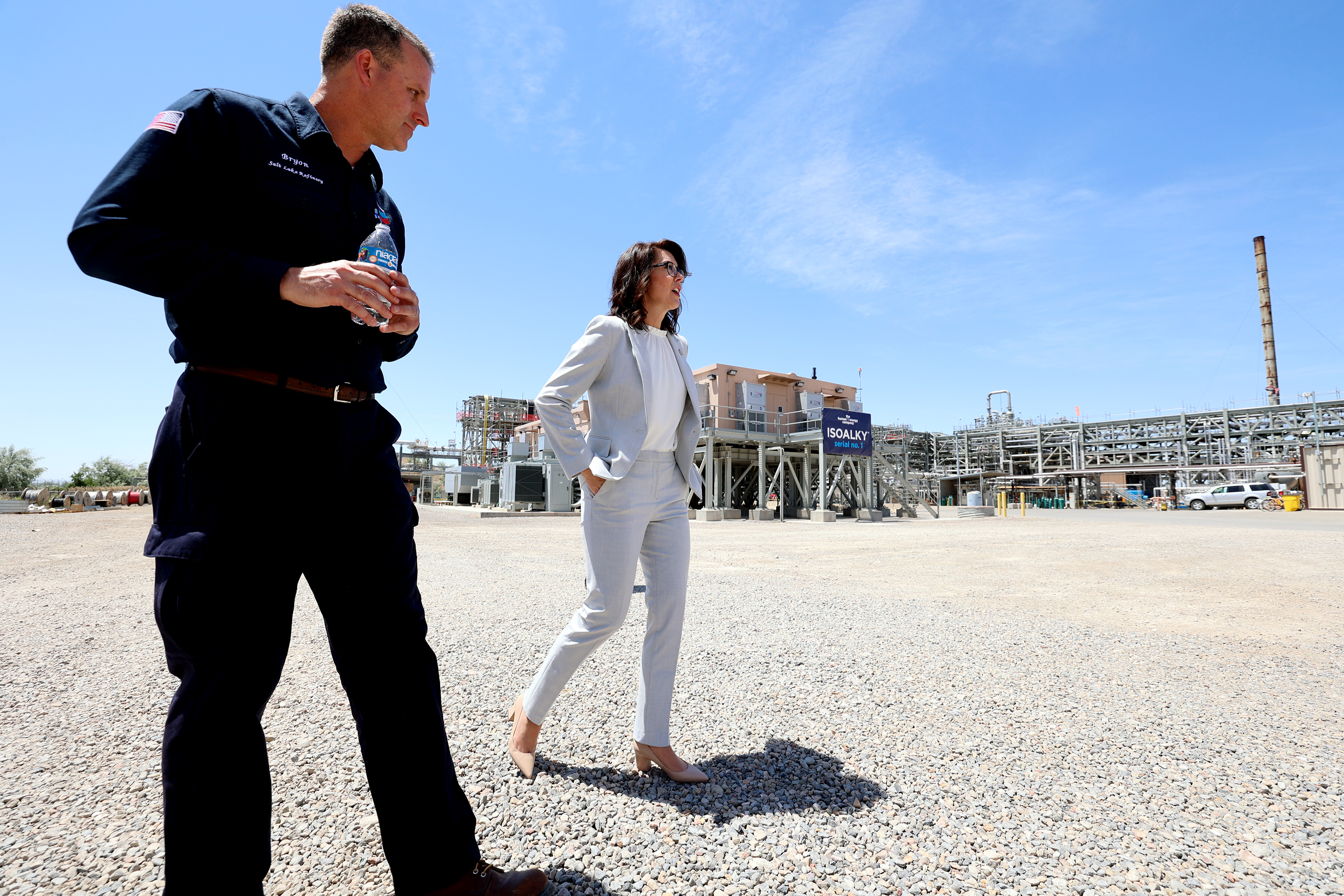 Bryon Stock, general manager of the Chevron Salt Lake Refinery, and Lt. Gov. Deidre Henderson talk before joining leadership from Chevron and Honeywell UOP for a ribbon-cutting celebrating the completion of the worldâ??s first commercial ionic liquids alkylation unit at the Chevron Salt Lake Refinery in Salt Lake City on Monday, June 7, 2021.