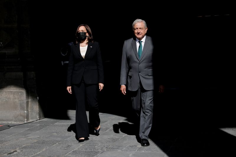 U.S. Vice President Kamala Harris and Mexico's President Andres Manuel Lopez Obrador attend the signing ceremony of a Memorandum of Understanding between the United States and Mexico to establish a strategic partnership to cooperate on development programs in the Northern Triangle at the Palacio Nacional in Mexico City, Mexico June 8, 2021.  REUTERS/Carlos Barria