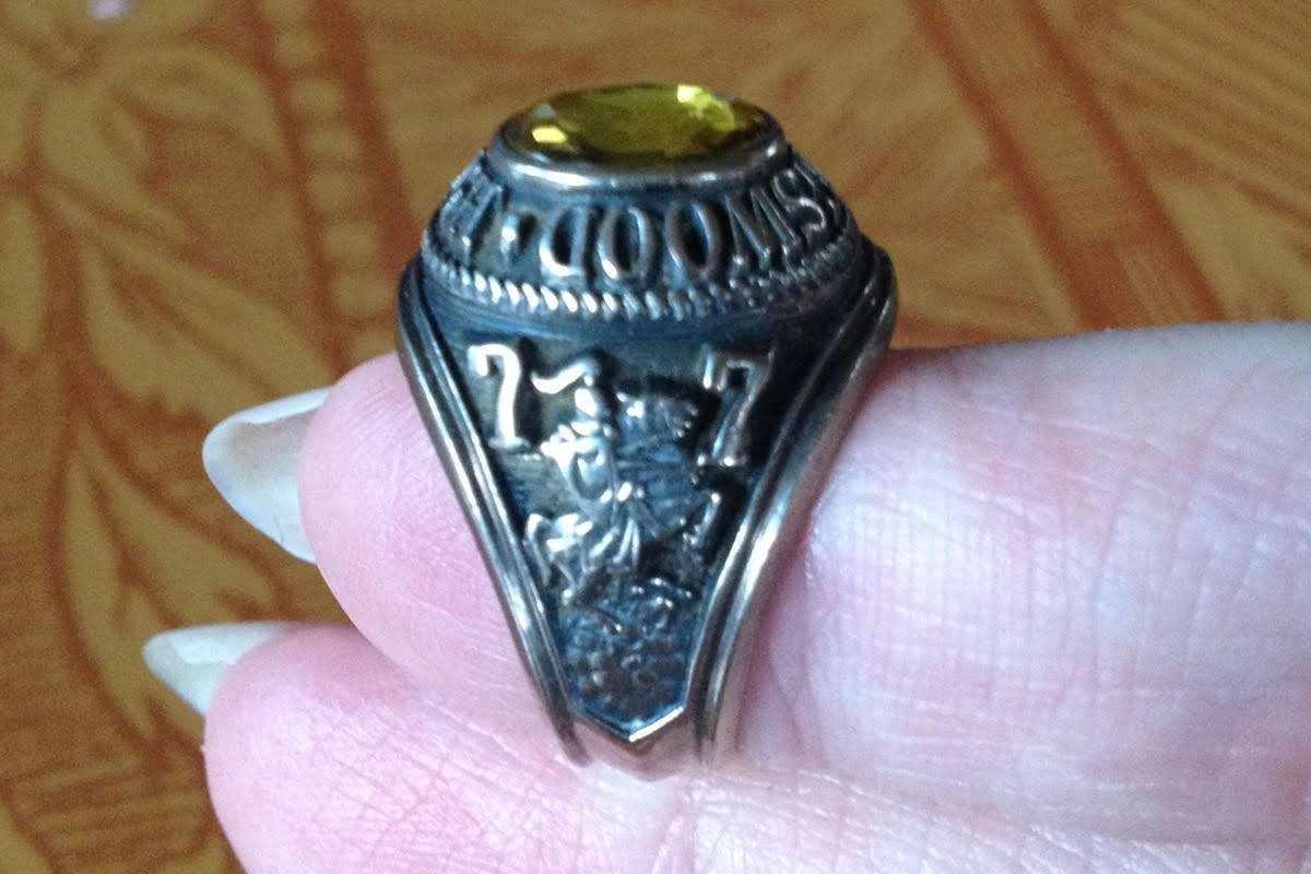 Theresa Rose Greaves wore a 1977 Collingswood High School class ring, similar to this one owned by a classmate. Greaves’ ring was set with a blue stone.