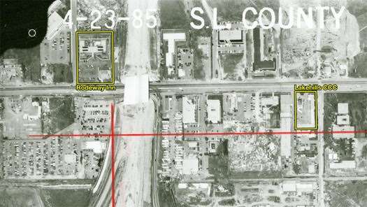 This April 23, 1985, aerial image shows the North Temple corridor between Redwood Road and 2200 West. I-215, which was under construction at the time, is visible to the left of center.