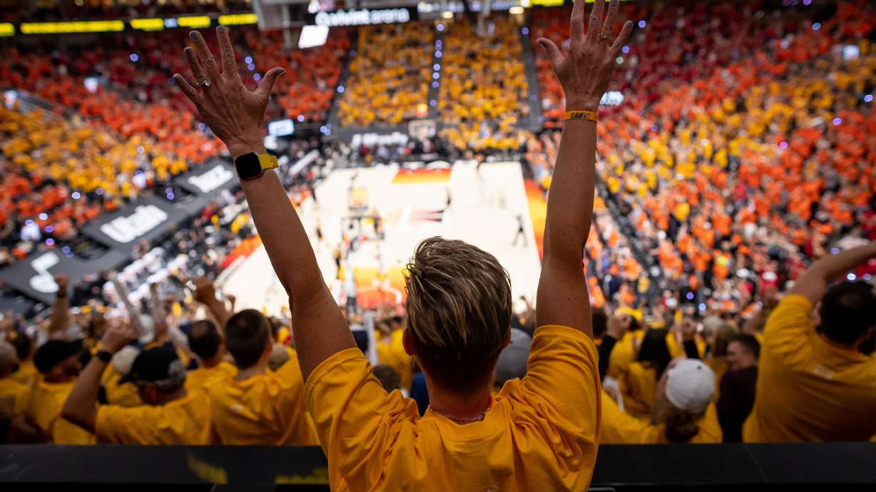 Fans react as the Utah Jazz score on the LA Clippers during Game 1 of the Western Conference semifinals at Vivint Arena in Salt Lake City on Tuesday, June 8, 2021.