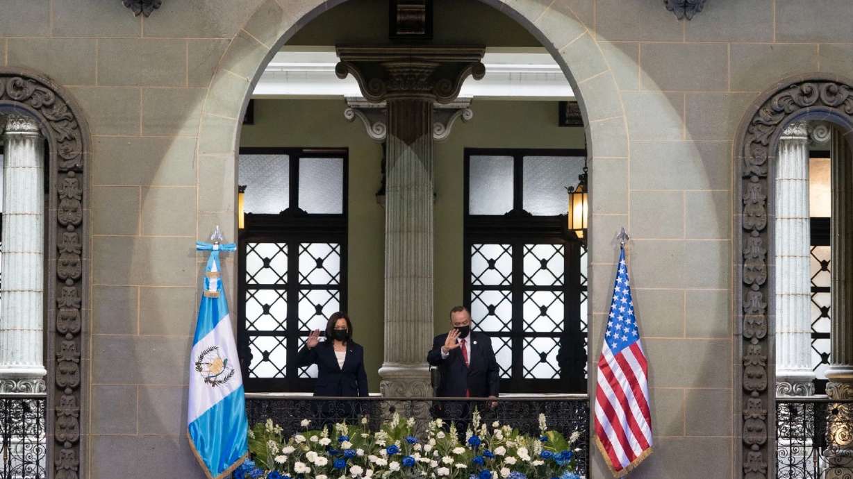Vice President Kamala Harris and Guatemalan President Alejandro Giammattei pose for an official photograph on Monday, June 7, 2021, at the National Palace in Guatemala City.
