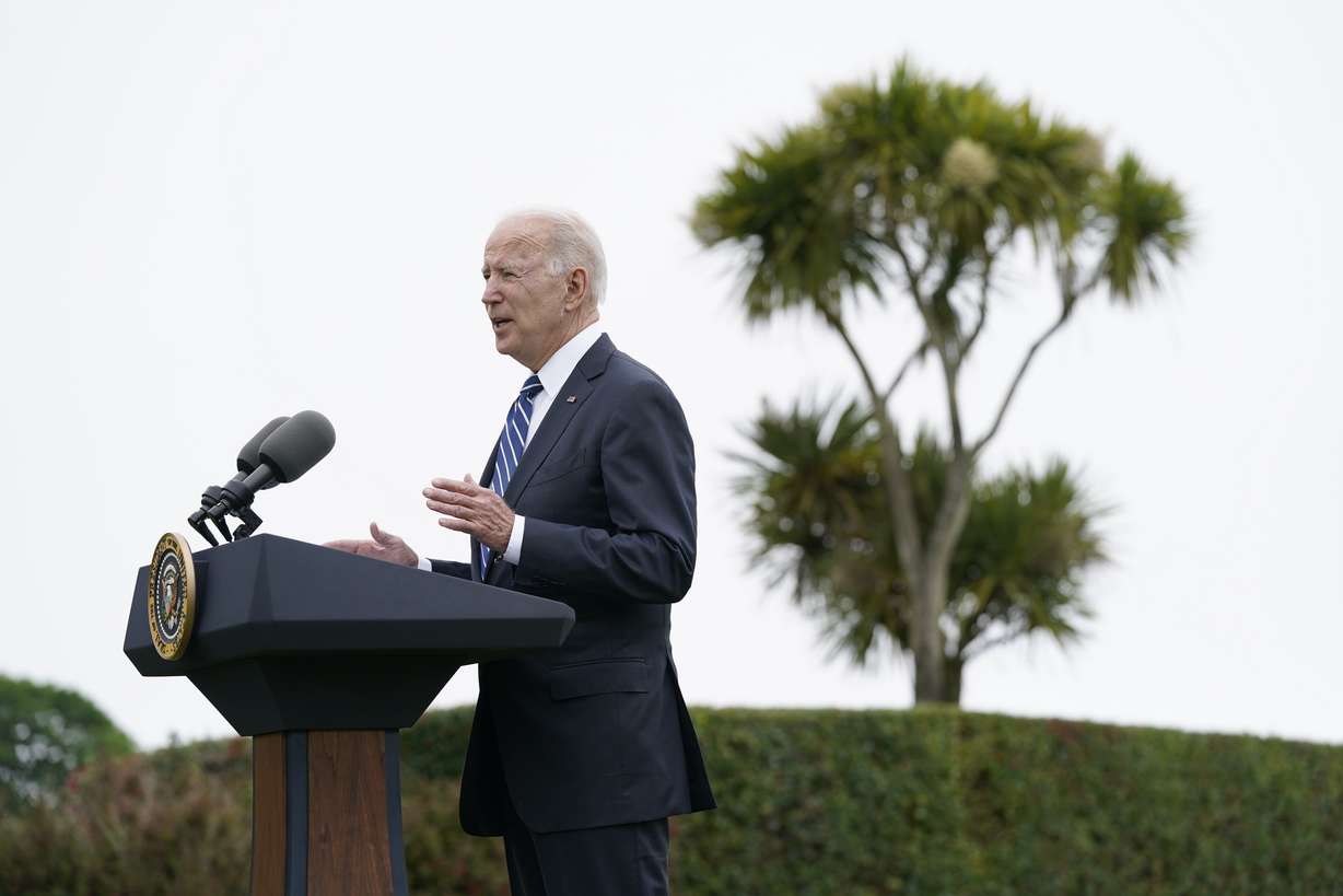 President Joe Biden speaks about his administration's global COVID-19 vaccination efforts ahead of the G-7 summit, Thursday, June 10, 2021, in St. Ives, England.