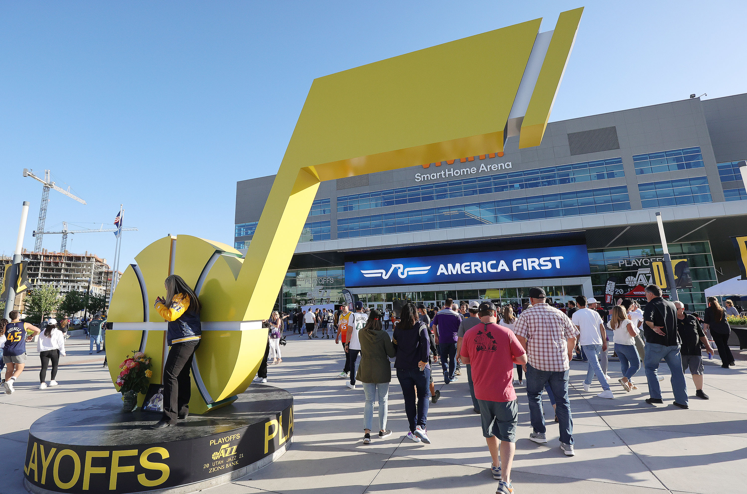 Fans enter Vivint Arena before Game 2 of the Western Conference semifinals between the Utah Jazz and the LA Clippers in Salt Lake City on Thursday, June 10, 2021.