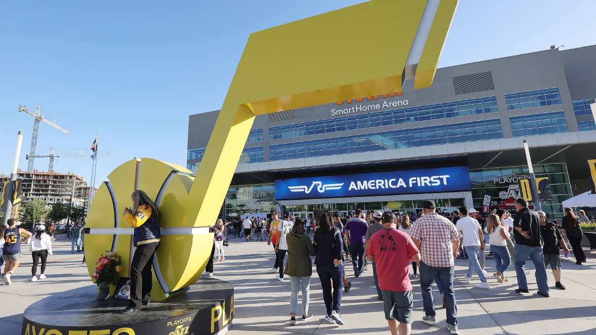 Fans enter Vivint Arena before Game 2 of the Western Conference semifinals between the Utah Jazz and the LA Clippers in Salt Lake City on Thursday, June 10, 2021.