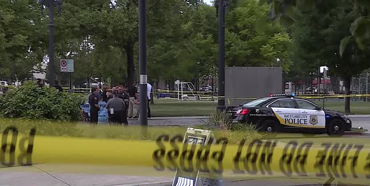 Salt Lake police investigate after an officer shot and killed a man armed with a knife following a stabbing minutes earlier at Pioneer Park on June 10, 2021. Body camera video of the shooting was released to the public Thursday.