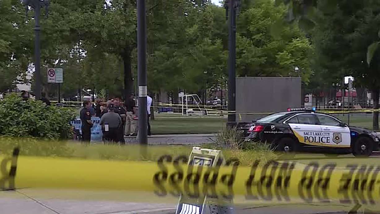 Salt Lake police investigate after an officer shot and killed a man armed with a knife following a stabbing minutes earlier at Pioneer Park on June 10, 2021. Body camera video of the shooting was released to the public Thursday.