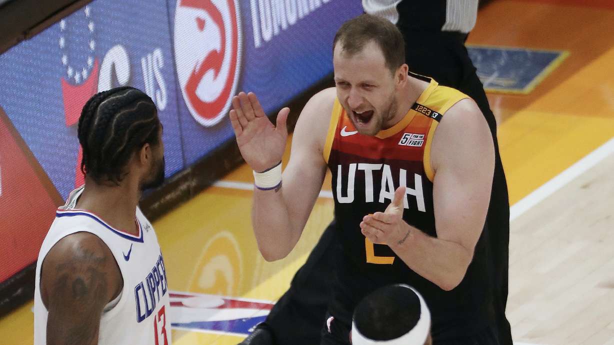 Utah Jazz guard Joe Ingles (2) celebrates a 3-pointer against the LA Clippers during Game 2 of the Western Conference semifinals in Salt Lake City on Thursday, June 10, 2021.