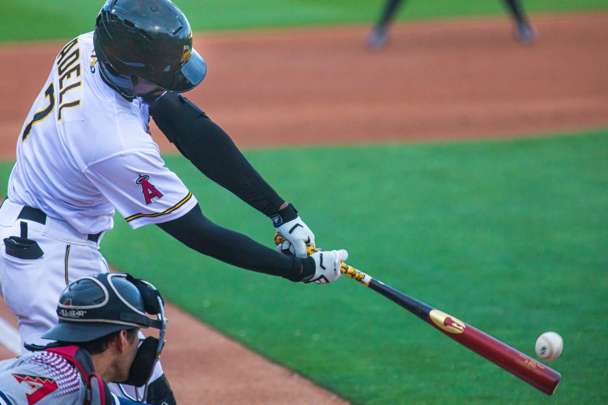 Salt Lake Bees outfielder Jo Adell collects a hit during the Salt Lake Bees season openers on Thursday, May 6, 2021. Adell hit 15 home runs in his first 28 games in Salt Lake this season.