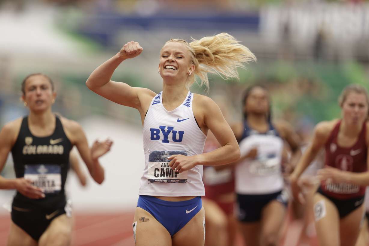 BYU senior Anna Camp-Bennett finished first with a time of 4:08.53 to clinch her first national championship in the 1,500-meter final Saturday at the NCAA women's outdoor track and field championships at historic Hayward Field in Eugene, Oregon, June 12, 2021.