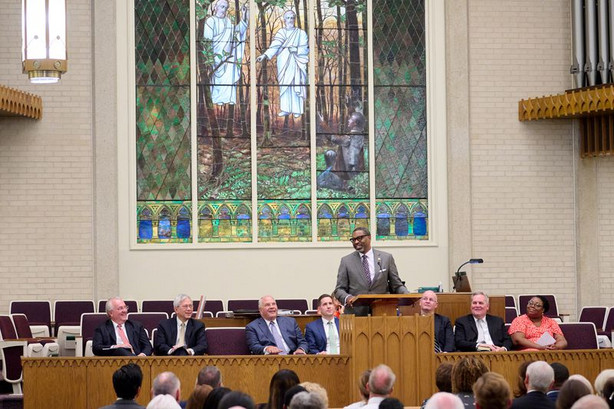 Left to right, Elder Jack N. Gerard of the Seventy and
Elders Gerrit W. Gong and Ronald A. Rasband of the Quorum of the
Twelve Apostles of The Church of Jesus Christ of Latter-day Saints
listen as NAACP President Derrick Johnson speaks to the Salt Lake
City Utah 14th Ward on Sunday, June 13, 2021. Also pictured: Bishop
Scott Blakesley, Robert Roe, a counselor in the bishopric; Doug
Wilks, president of the Salt Lake Stake, and Sister Tracy Browning,
a member of the Relief Society General Advisory Council of the
church.