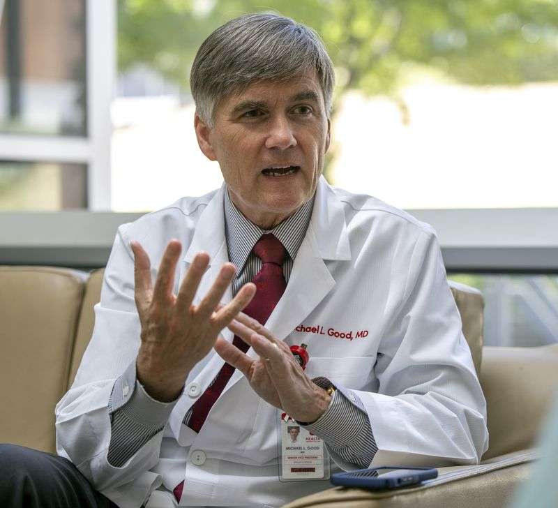 Dr. Michael L. Good, interim president of the
University of Utah and CEO of University of Utah Health, answers a
question during an interview inside the Eccles Health Sciences
Education Building at the University of Utah on Tuesday, June 8,
2021. He is not seeking the university president job.