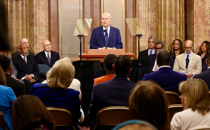 President Russell M. Nelson of The Church of Jesus
Christ of Latter-day Saints speaks at a news conference at the
Church Administration Building on Temple Square with senior leaders
from the church and from the UNCF and NAACP on Monday, June 14,
2021 in Salt Lake City.