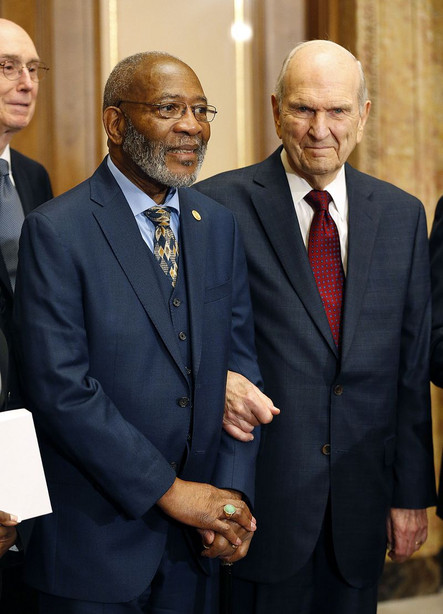 President Russell M. Nelson of The Church of Jesus
Christ of Latter-day Saints, right, stands with the Rev. Amos C.
Brown during a press conference in Salt Lake City on Thursday, May
17, 2018.