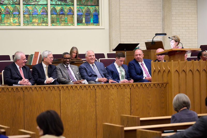 Elder Jack N. Gerard of the Seventy, Elder Gerrit W.
Gong of the Quorum of the Twelve Apostles, NAACP President Derrick
Johnson and Elder Ronald A. Rasband of the Quorum of the Twelve
Apostles share smiles before worship services in the Salt Lake City
Utah 14th Ward on Sunday, June 13, 2021.