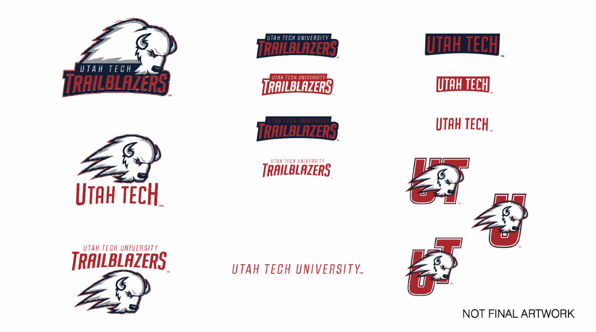A series of unofficial, possible logo mockups for Utah Technological University or "Utah Tech" using the current Trailblazers mascot name.