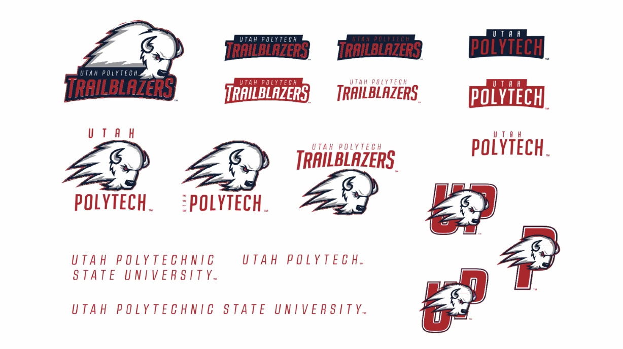 A series of unofficial, possible logo mockups for Utah Polytechnic State University or "Utah Polytech" using the current Trailblazers mascot name.