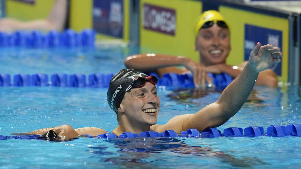 Katie Ledecky reacts after winning the Women's 400 Freestyle during wave 2 of the U.S. Olympic Swim Trials on Monday, June 14, 2021, in Omaha, Neb.