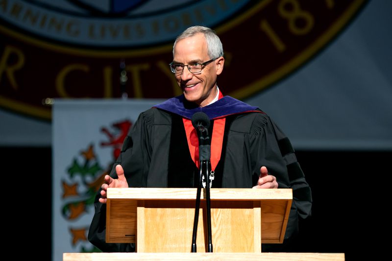 Southern Utah University President Scott L Wyatt speaks
at the school’s commencement on April 30, 2021. He is stepping down to lead online education for public colleges and universities in Utah.