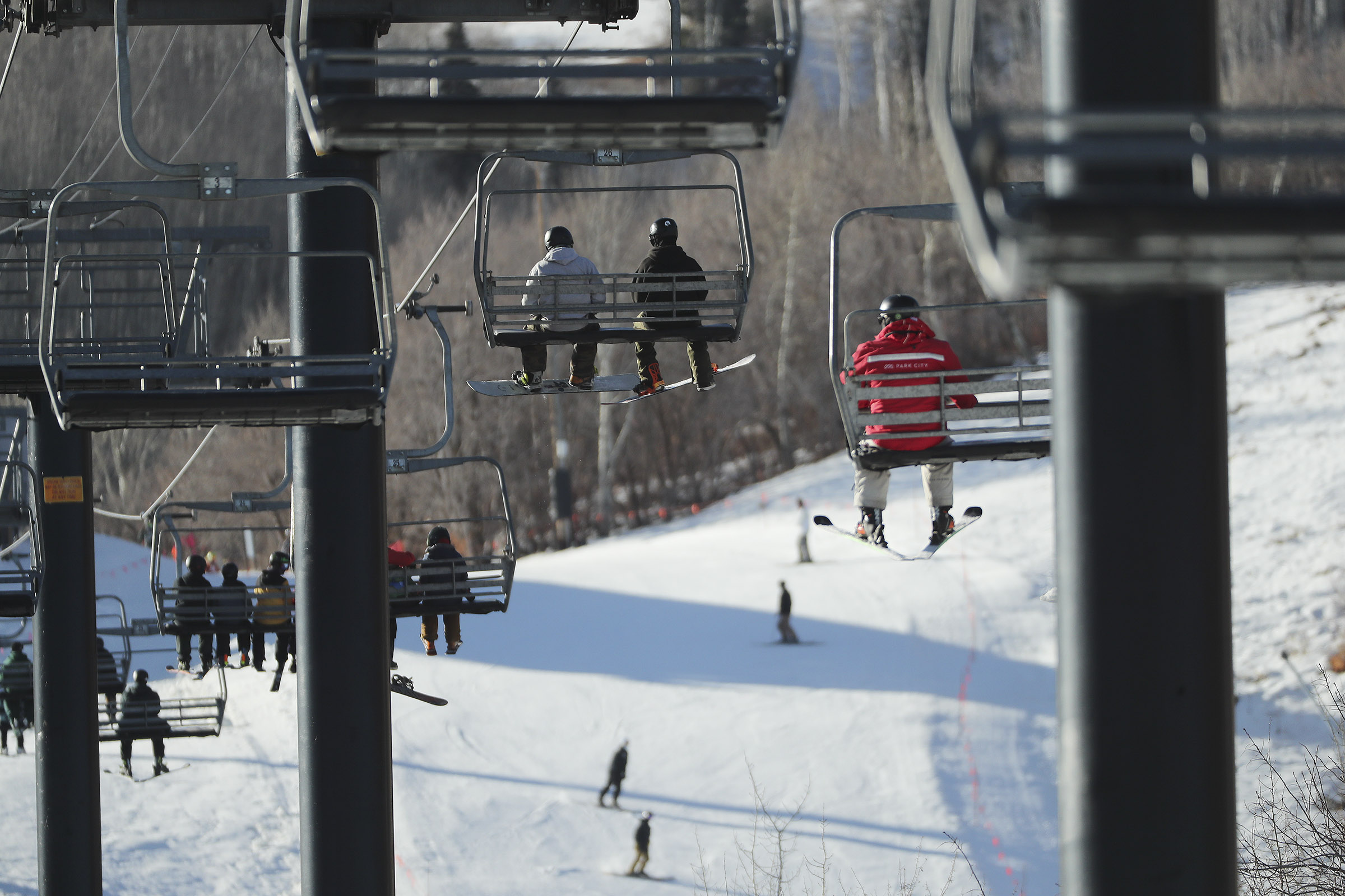 Skiers and snowboarders ride the First Time lift as Park City Mountain Resort in Park City opens for the 2020-21 ski season on Friday, Nov. 20, 2020.