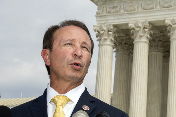 FILE - In this Sept. 9, 2019, file photo, Louisiana Attorney General Jeff Landry speaks in front of the U.S. Supreme Court in Washington. The Biden administration’s suspension of new oil and gas leases on federal land and water was blocked Tuesday, June 15, 2021, by a federal judge in Louisiana.