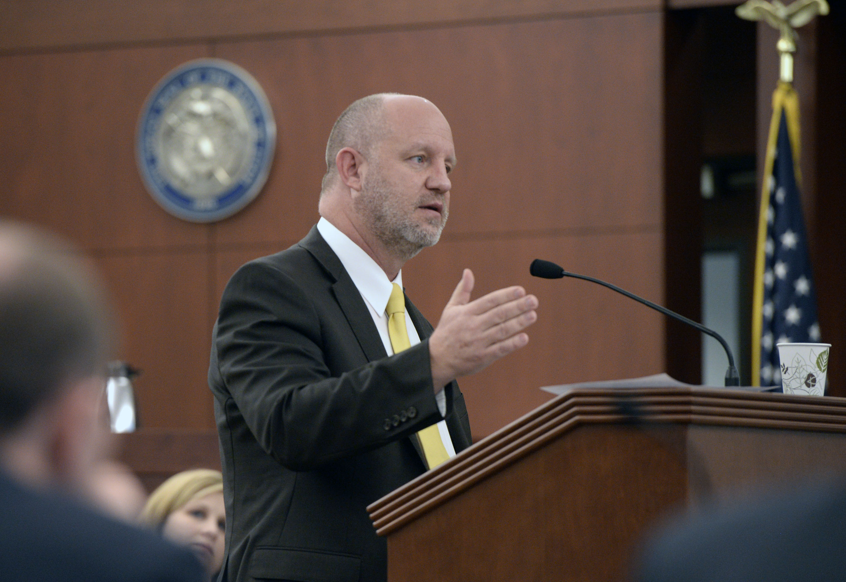 Defense lawyer Michael Bouwhuis gives closing arguments to the jury during Douglas Anderson Lovell's trial in Ogden on Tuesday, March 31, 2015.