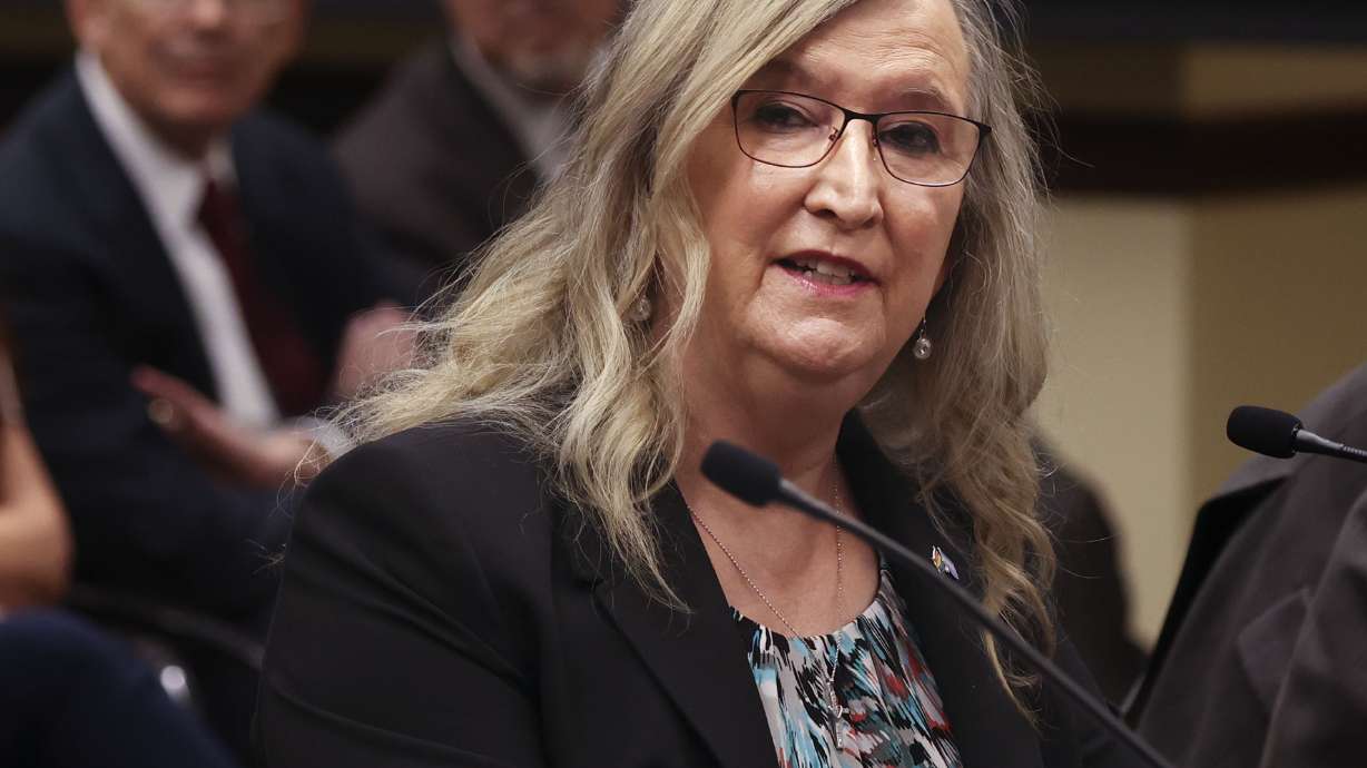 Sue Robbins, who serves on the Transgender Advisory Council of Equality Utah, speaks about transgender youth in school sports during a Health and Human Services Interim Committee meeting at the Capitol in Salt Lake City on Wednesday, June 16, 2021.