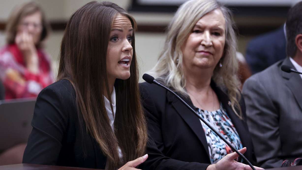Rep. Kera Birkeland, R-Morgan, left, who sponsored a bill that bans transgender girls from playing girl high school sports, speaks at the Capitol in Salt Lake City on June 16, 2021. Seated next to Birkeland is Sue Robbins, who serves on the Transgender Advisory Council of Equality Utah. The ACLU of Utah announced Tuesday it filed a lawsuit on behalf of two families against the bill passed by the Utah Legislature this year that bans transgender girls from playing in high school girls sports.