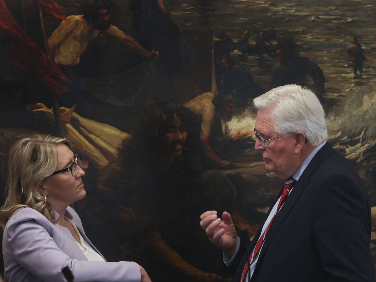 Rep. Melissa Garff Ballard, R-North Salt Lake, left,
and Rep. V. Lowry Snow, R-Santa Clara, speak before the Utah
Legislature’s Education Interim Committee meeting at the Capitol in
Salt Lake City on Wednesday.