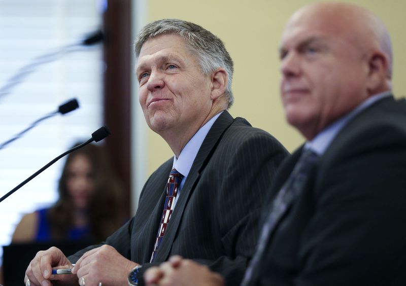State School Board Chairman Mark Huntsman , left, and
board member Scott Hansen speak during the Utah Legislature’s
Education Interim Committee meeting at the Capitol in Salt Lake
City on Wednesday, June 16, 2021.
