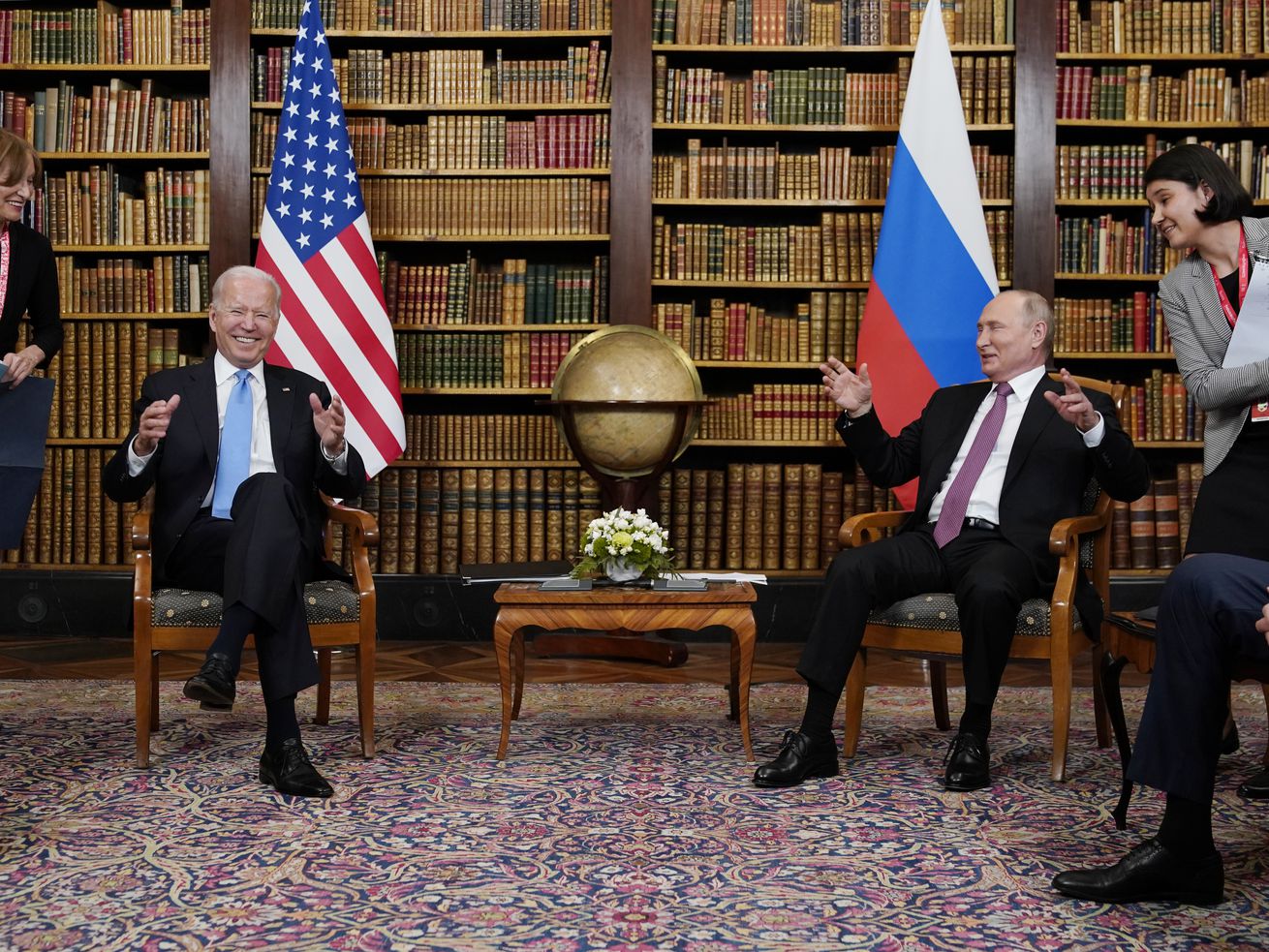 President Joe Biden, center left, meets with Russian
President Vladimir Putin, center right, on Wednesday, June 16,
2021, at the Villa la Grange in Geneva, Switzerland.