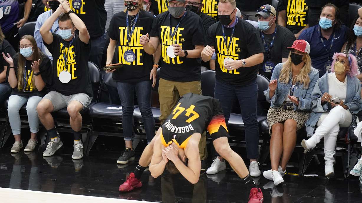 Utah Jazz forward Bojan Bogdanovic (44) reacts after missing a 3-pointer against the Los Angeles Clippers during the first half of Game 5 of a second-round NBA basketball playoff series Wednesday, June 16, 2021, in Salt Lake City.