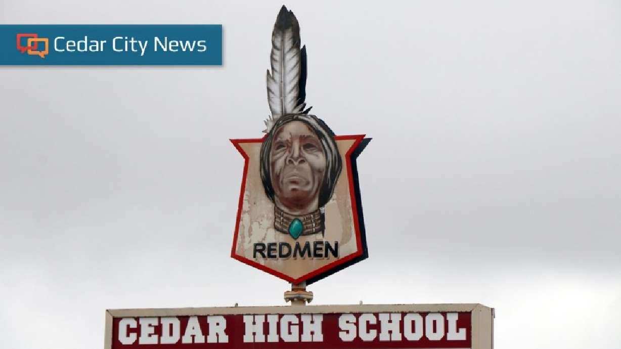 Marquee sign on Cedar High School campus shows its "Redmen" mascot in Cedar City on Jan. 15, 2019.