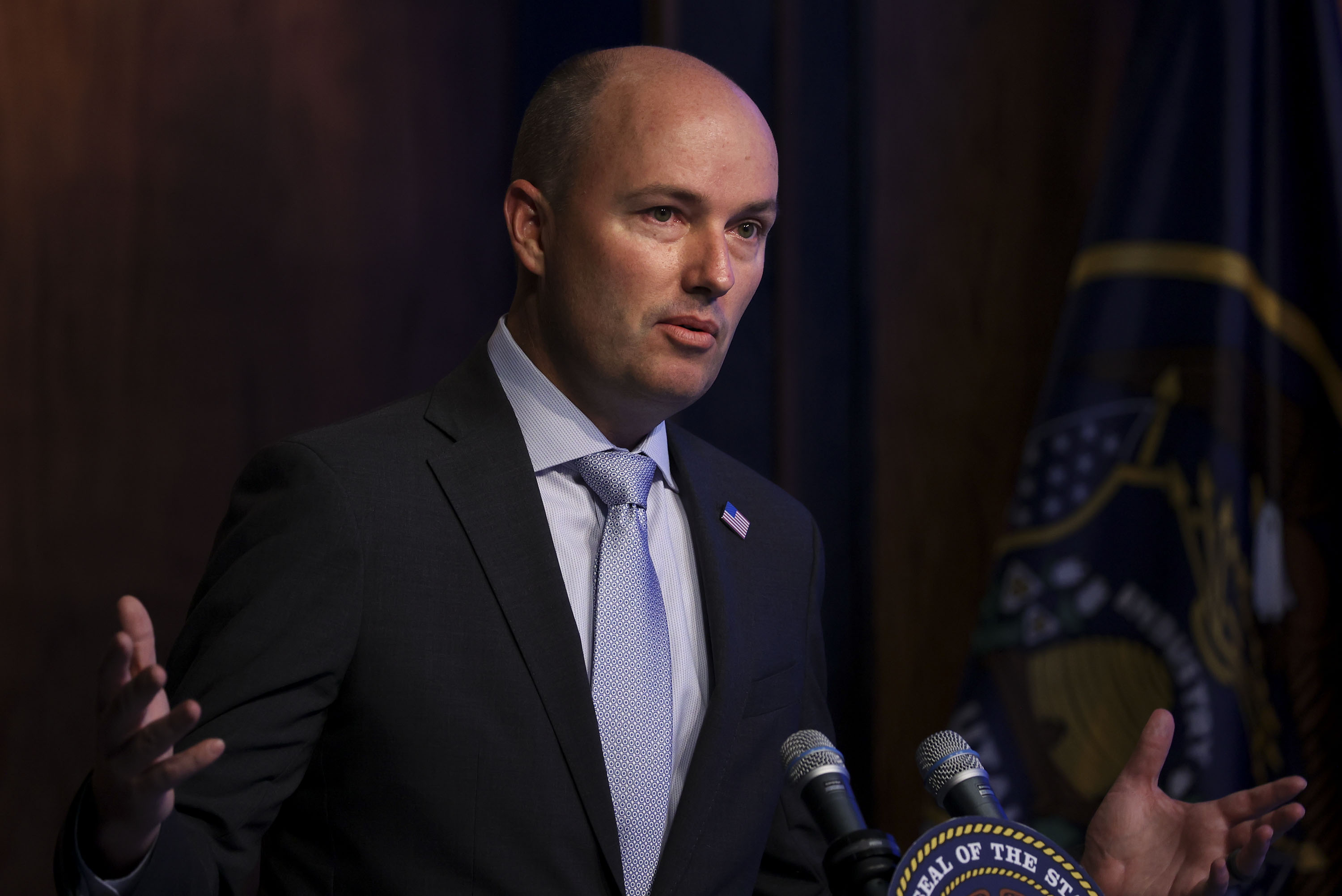 Gov. Spencer Cox speaks during the PBS Utah Governor's Monthly News Conference at the Eccles Broadcast Center in Salt Lake City on Thursday, June 17, 2021.