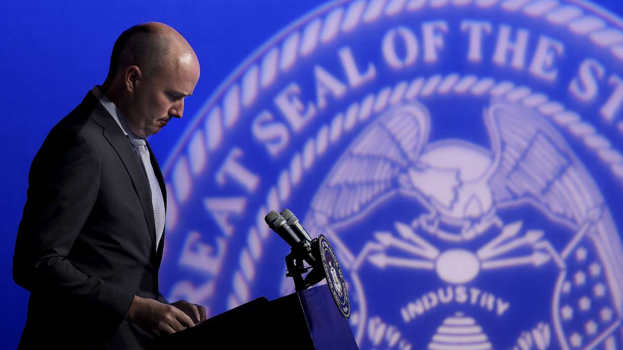 Gov. Spencer Cox speaks during the PBS Utah Governor's Monthly News Conference at the Eccles Broadcast Center in Salt Lake City on Thursday, June 17, 2021.