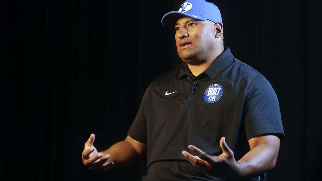 BYU head football coach Kalani Sitake answers interview questions during BYU Football Media Day at the BYU Broadcasting Building in Provo on Thursday, June 17, 2021.