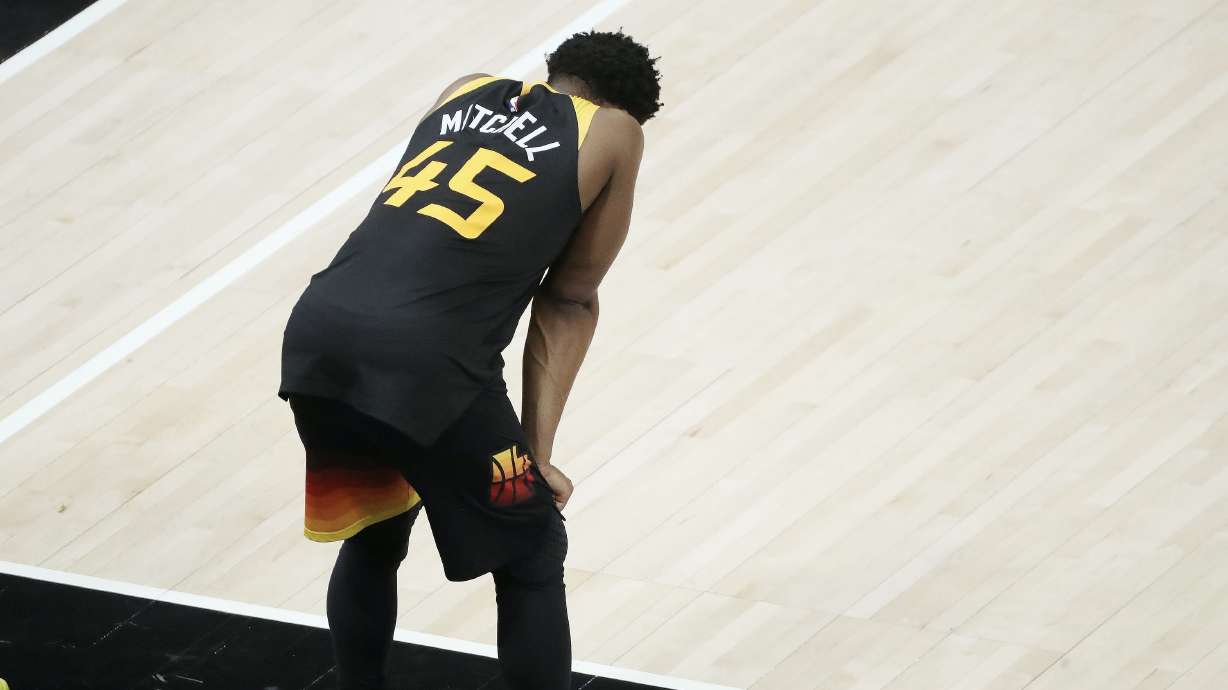 Utah Jazz guard Donovan Mitchell (45) puts his head down near the end of the game during Game 5 of the NBA playoffs in Salt Lake City on Wednesday, June 16, 2021.
The Jazz lost 119-111.