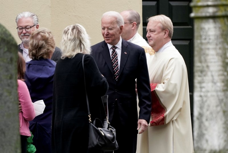 FILE PHOTO: U.S. President Joe Biden speaks with people outside St. Joseph on the Brandywine Catholic Church, in Wilmington, Delaware, U.S. May 30, 2021.