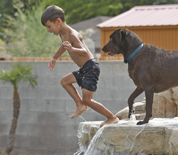Jack White leaps into his grandparents' backyard pool in the heat at their home on the Yuma Mesa, Ariz., Thursday, June 17, 2021, while the family dog Jackson looks on.