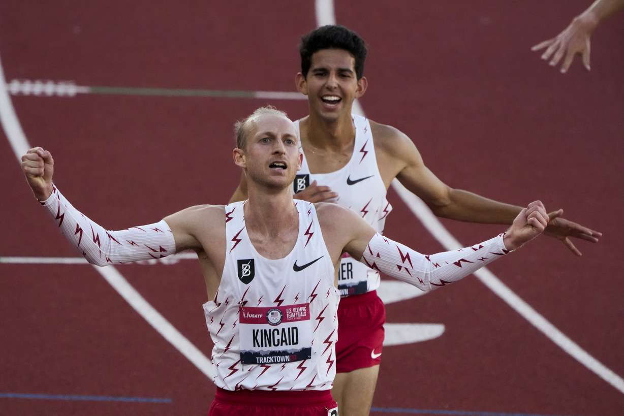 Woody Kincaid celebrates after winning the men's 10000-meter run at the U.S. Olympic Track and Field Trials Friday, June 18, 2021, in Eugene, Ore.