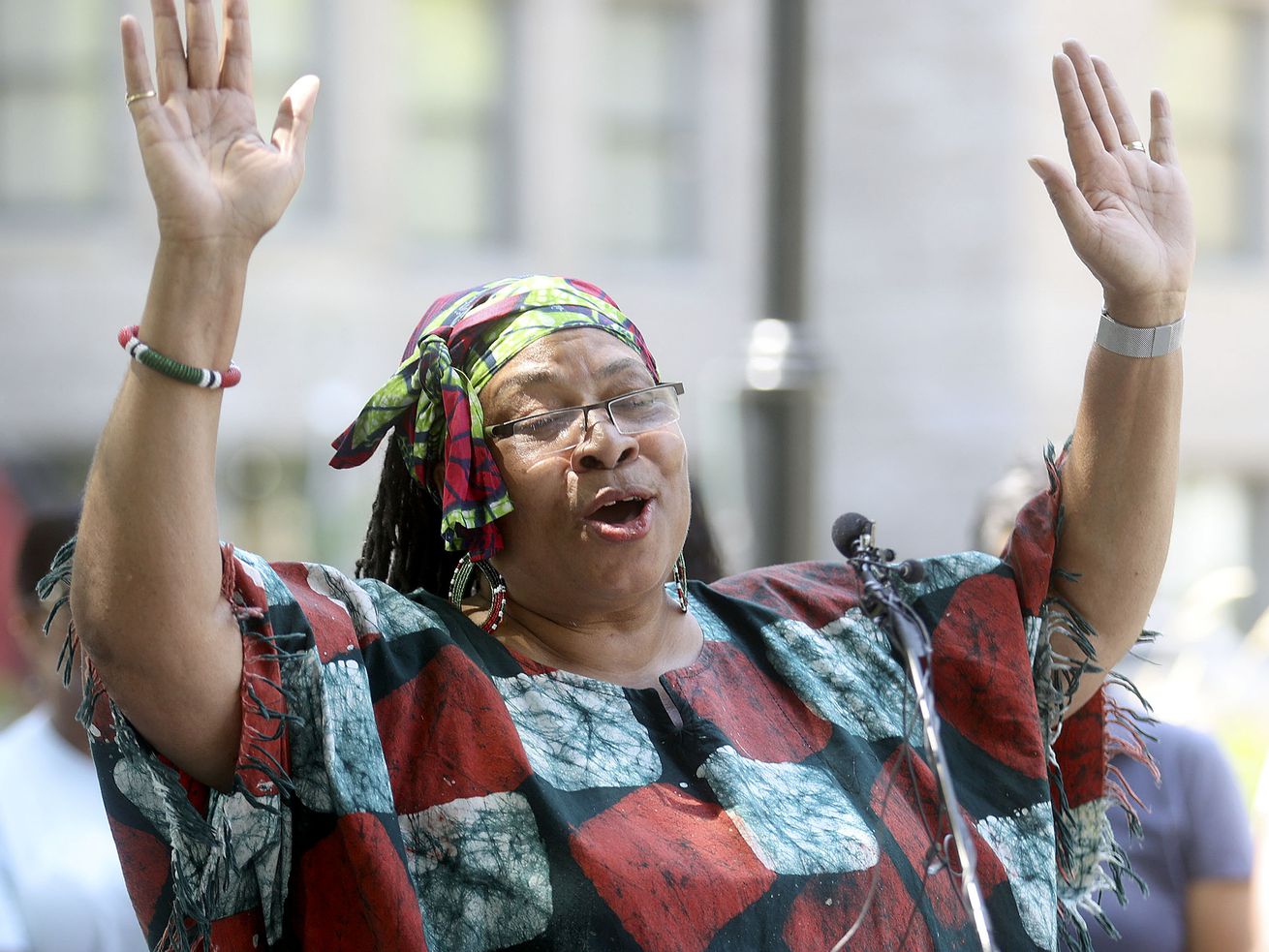 Betty Sawyer, Project Success Coalition and Utah Juneteenth Freedom and Heritage Festival executive director, speaks
during a Juneteenth flag-raising ceremony outside of the City-County Building in Salt Lake City on Friday, June 18, 2021.