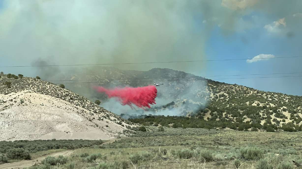 A new fire burns south of Levan on the border of Juab and Sanpete counties, Saturday, June 19, 2021.
