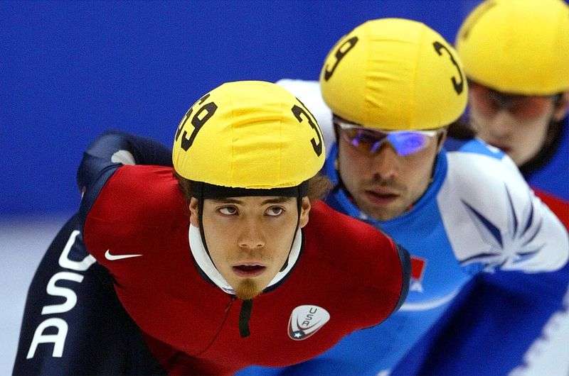 Apolo Ohno races during a 1,500-meter short track heat
Wednesday, Feb. 20, 2002 at the Salt Lake Ice Center.