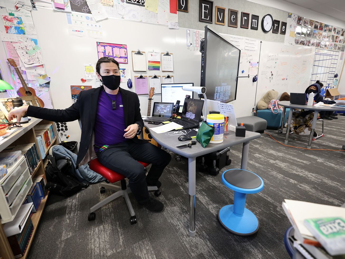 FILE: Meadowlark Elementary teacher John Arthur is pictured
in his classroom at the school on Tuesday, April 13, 2021. Arthur
was recognized as Utah Teacher of the Year in front of his sixth
grade class.
